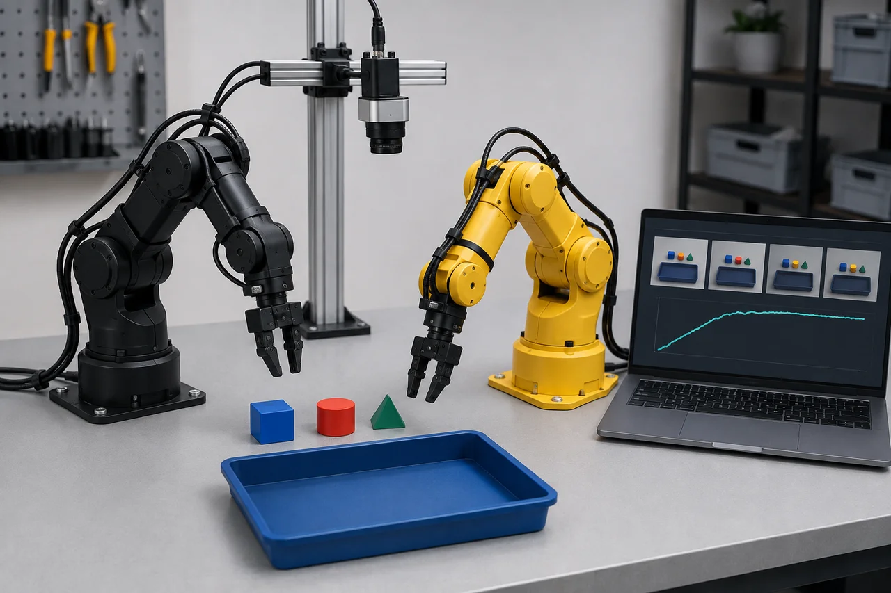 Illustration of leader-follower robot arms, a camera and recorded training examples