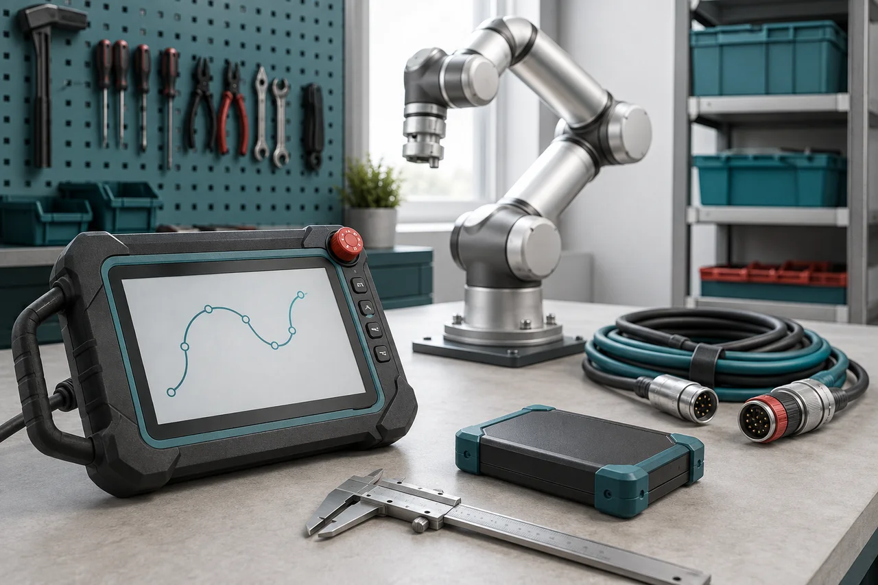 Illustration of a teach pendant, backup drive and industrial cables beside a cobot