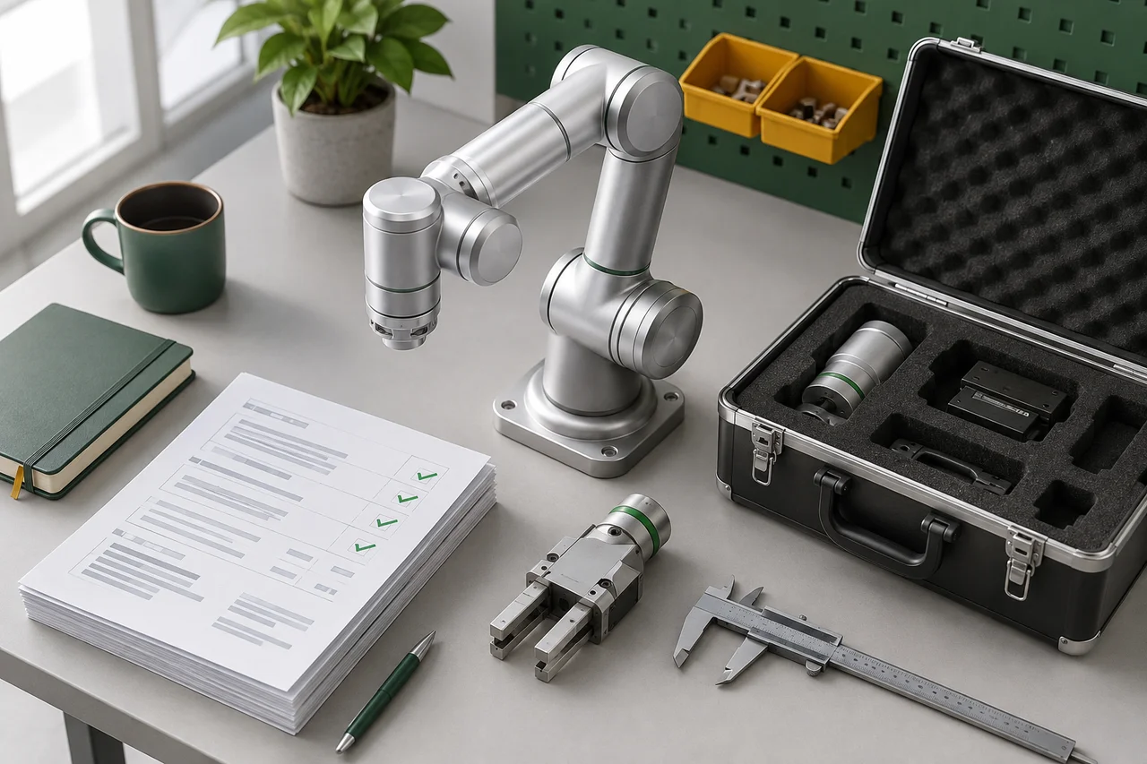 Illustration of robot procurement paperwork, sample tooling and a protective transit case