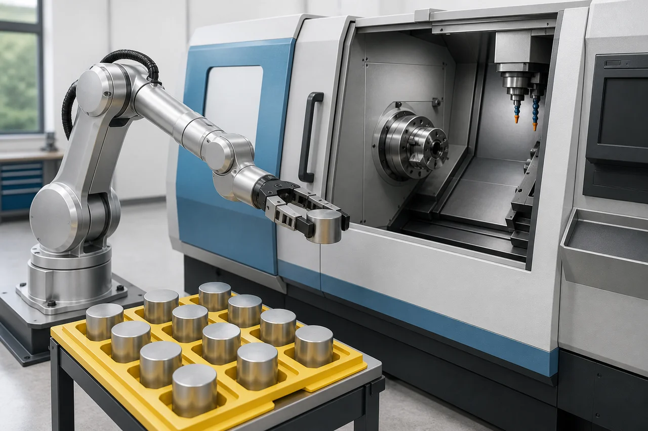 Illustration of a robot holding a metal blank beside an idle enclosed CNC machine
