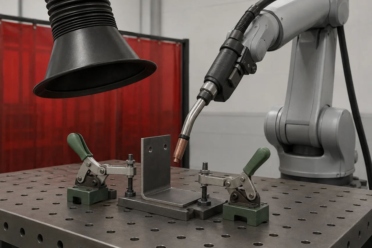Illustration of an idle robot welding torch above a clamped steel bracket